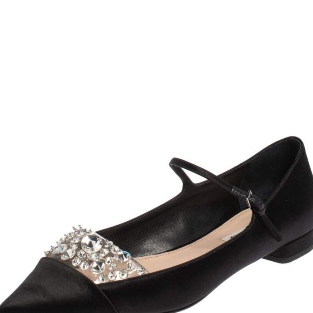 Miu Miu Black Satin Crystal Embellished Ankle Strap Pointed Toe Ballet Flats 40 - Picture 2 of 16